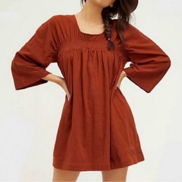 Free People Dresses & Skirts - FP Beach Celia Mini Dress Size L Brown Rust Long Dolman Sleeves Gauzy Pockets